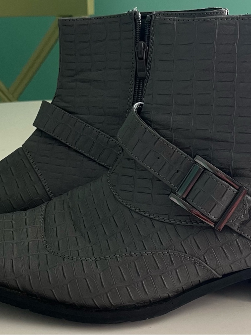 Men's Casual Franzini Textured Gray Ankle Boots with Adjustable Buckle